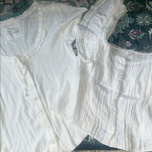 aerie White Button-Front Ribbed & Eyelet Mix Crop Tops